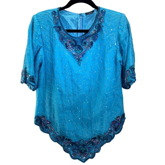 crystals Tops - Crystals Women Blouse Size L Turquoise Beaded Sequin Scalloped Hem Mermaidcore